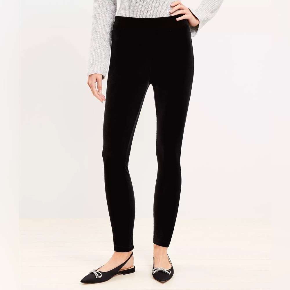 LOFT Women’s Black Velvet Leggings Pull On Stretch Holiday Party Pants Size L